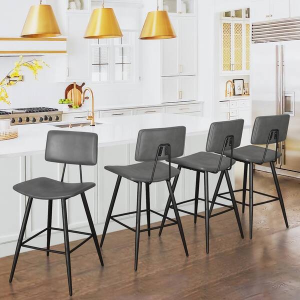 24.5 in. H Gray Metal Counter Height Bar Stools Curved Seat Faux Leather Barstools