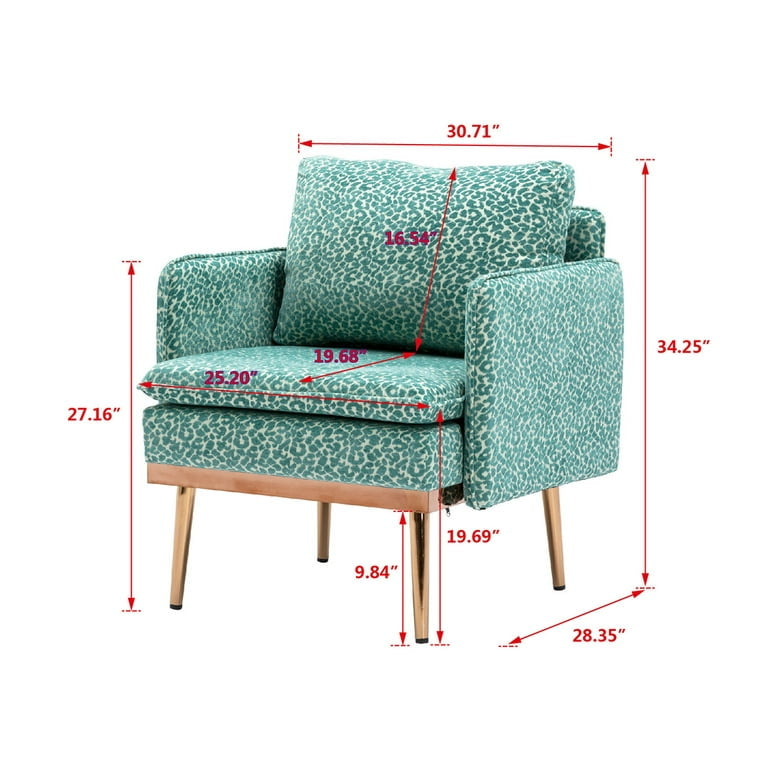 Living Room Accent Chair, Upholstered Chaise Lounge Chair with Armrest, Comfy Single Sofa Chair Reading Chair with Metal Feet for Home, Office, Apartment, Leopard Teal