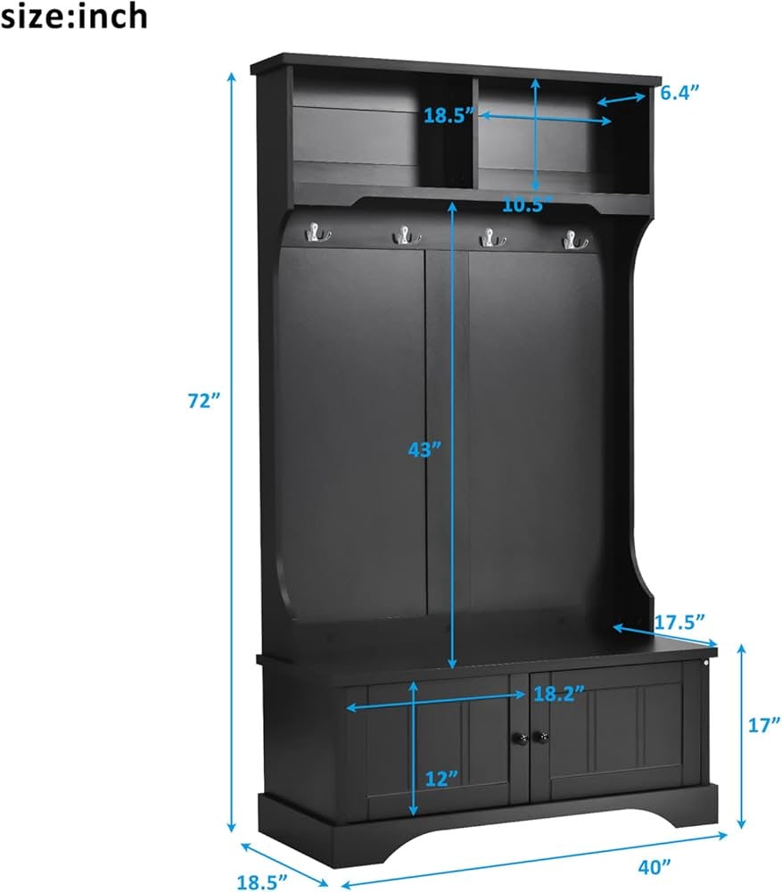 Hall Tree with Bench and Shoe Storage, 3 in 1 Entryway Bench with Coat Rack, Mudroom Bench with Storage and 4 Double Hooks, Entryway Furniture for Hallway (Black, 40" L x 18.5" W x 72" H)