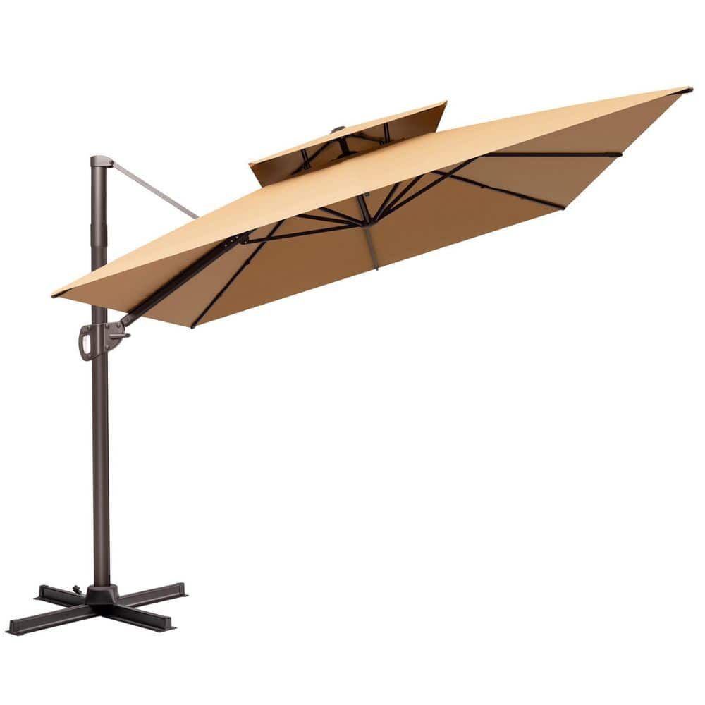 10x10FT Aluminum Cantilever Patio Umbrella - Large Offset Heavy-Duty Umbrella with 360° Rotation, Infinite Tilt, Double Top, 10-Year Rustproof, 5 Year Fade-Resistant for Outdoor, Pool, Beige