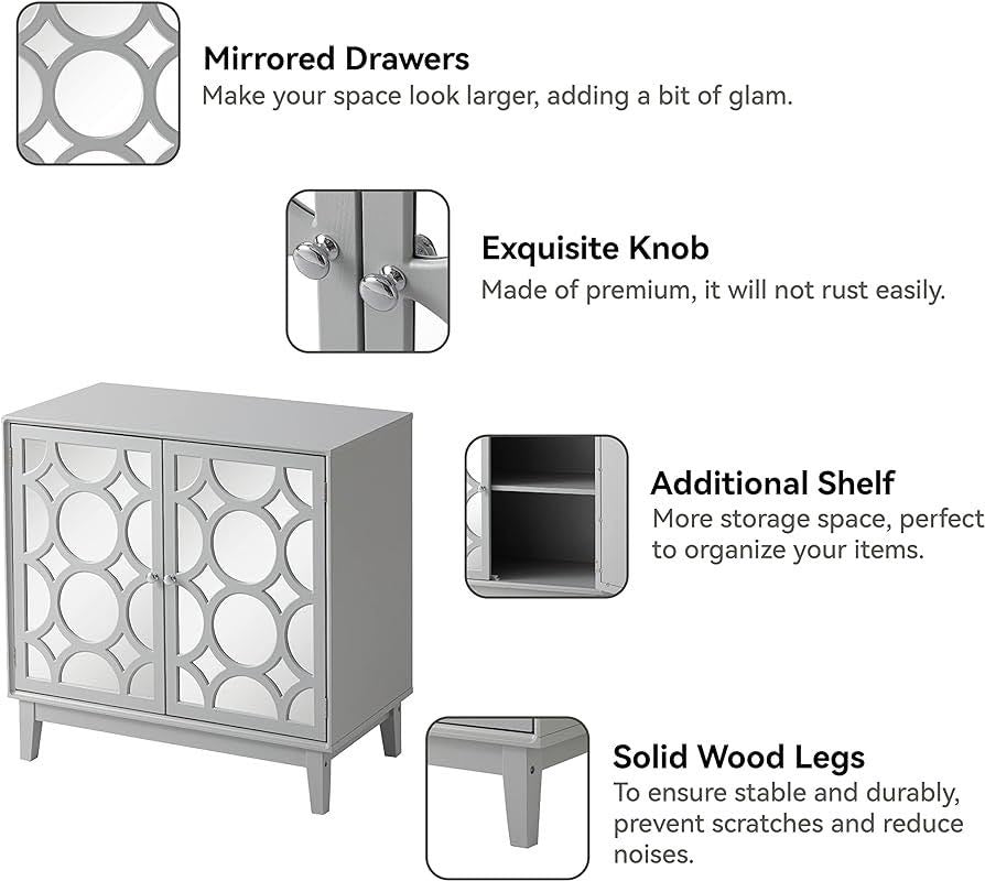 Modern Contemporary 2 Door Mirrored Chest Furniture for Bedroom Living Room Entryway, Light Grayd