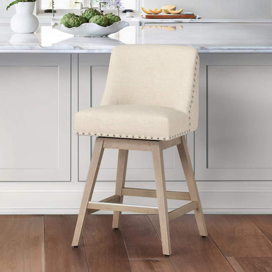 26 in. Wood 360° Free Swivel Upholstered Bar Stool with Back, Performance Fabric in Beige