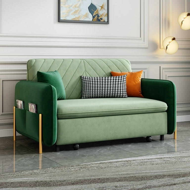 53.5" Full Sleeper Sofa Green Upholstered Convertible Sofa Bed 3 in 1 Sleeper Sofa Couch Bed, Small Tufted Velvet Convertible Loveseat Futon Sofa w/Pullout Bed, Multi-Pockets for Living Room