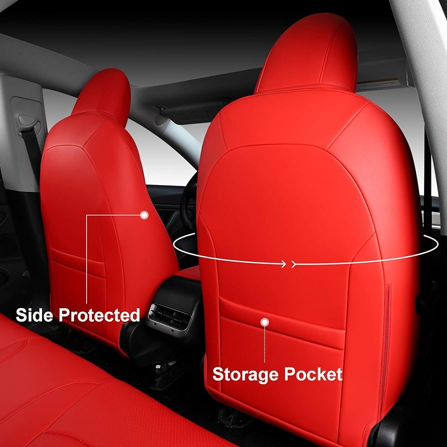 5 Seat Cover Custom Fit for Tesla Model 3 Synthetic Leather Car Seat Cushion Protector for 2017 2018 2019 2020 2021 2022 2023 Customized (Lichi Red Model 3)