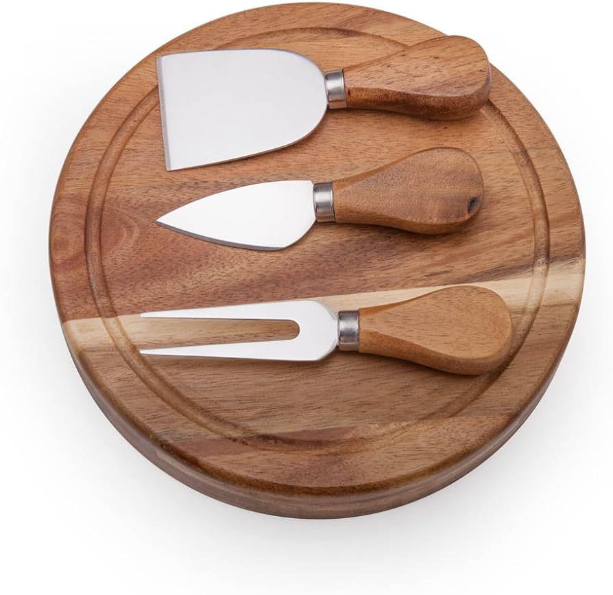 Round Slide-Out Acacia Wood Cheese Serving Board and 3 Piece Cheese Tool Set, 7.5 inch Diameter, Ideal for Outdoor Picnic Housewarming Kitchen Personalized Gift