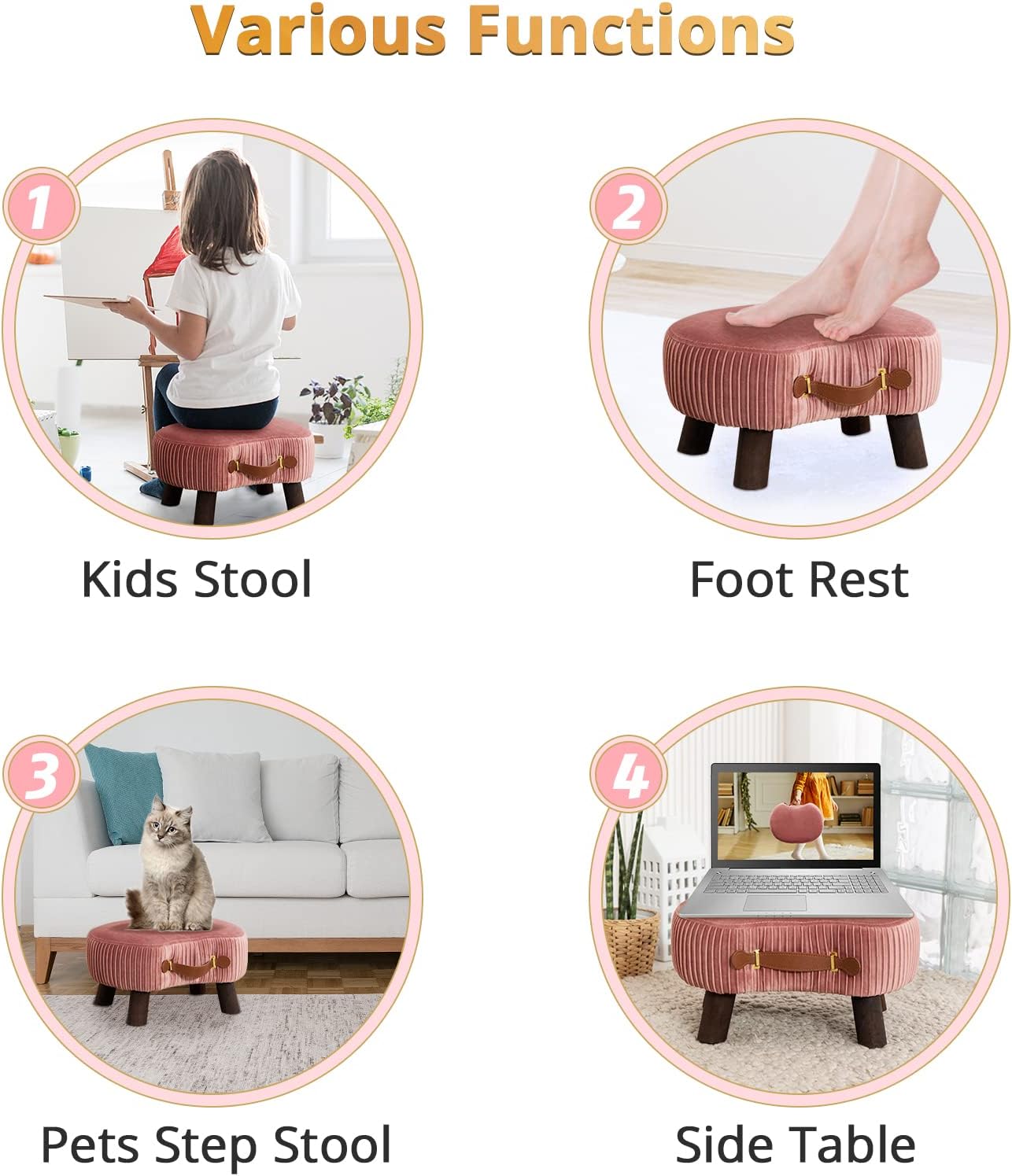 Small Curved Foot Stool with Handle, Pink Velvet Footstool and Ottomans, Modern Foot Rest with Wooden Legs