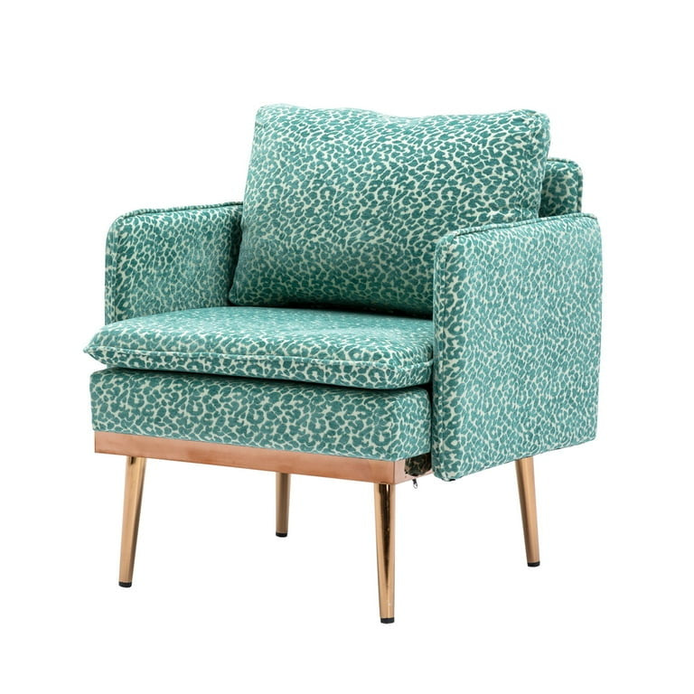 Living Room Accent Chair, Upholstered Chaise Lounge Chair with Armrest, Comfy Single Sofa Chair Reading Chair with Metal Feet for Home, Office, Apartment, Leopard Teal