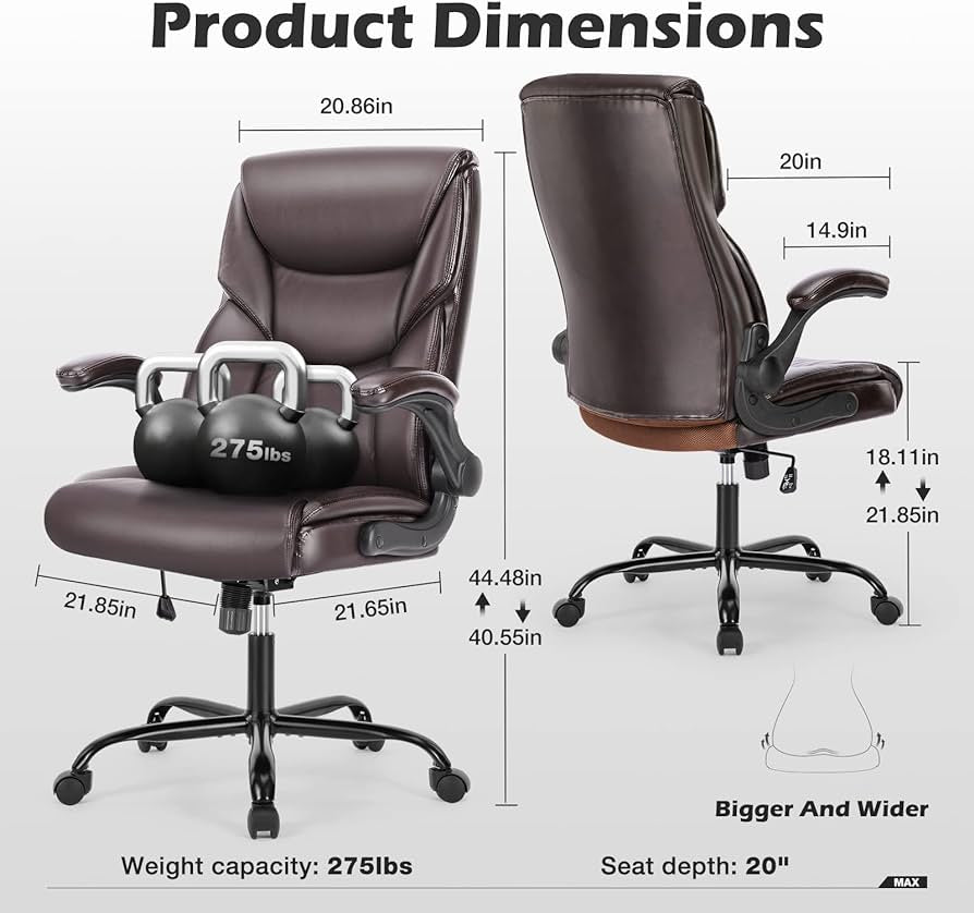 Executive Office Chair – Ergonomic Adjustable Computer Desk Chairs with High Back Flip-up Armrests, SwExecutive Office Chair – Ergonomic Adjustable Computer Desk Chairs with High Back Flip-up Armrests, Swivel Task Chair with Lumbar Support, Bonded Leather