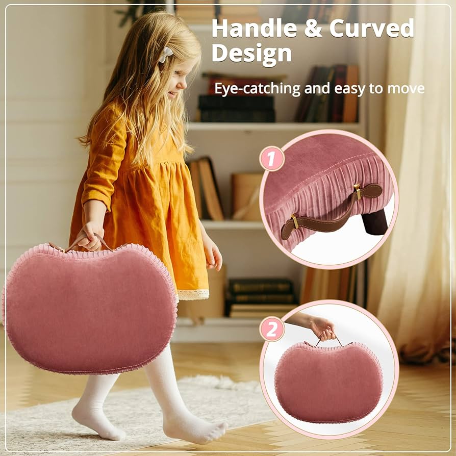 Small Curved Foot Stool with Handle, Pink Velvet Footstool and Ottomans, Modern Foot Rest with Wooden Legs