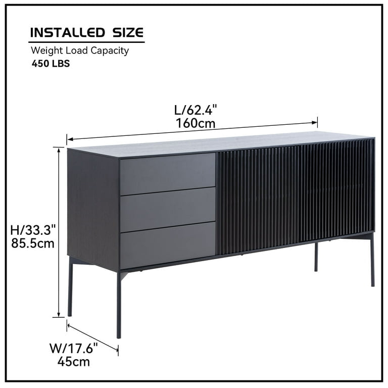 Sideboard Cabinet with 3 Drawers & 2 Doors,Modern Kitchen Buffet Sideboard Storage Console Table with Metal Legs,Buffet Server Cupboard for Living Room Dining Room Entryway,Black