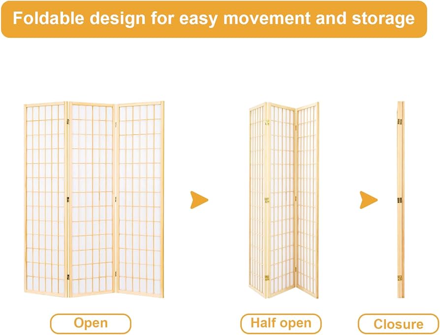 3 Panel Room Divider, Japanese Room Dividers, Shoji Screen, Folding Screen, 5.6 Ft, Natural