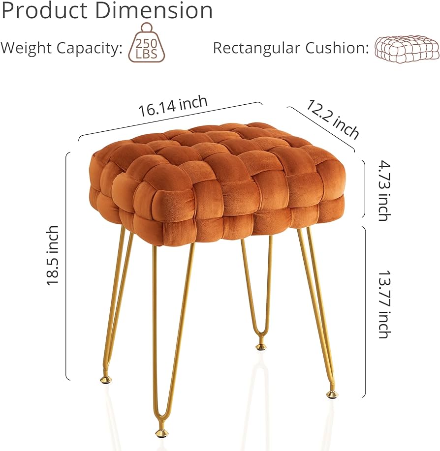 Velvet Vanity Stool, Rectangle Ottoman, Upholstered Make up Foot Stool with Gold Metal Legs and Padded Seat, Modern Footstool for Living Room, Bedroom,Dressing Room, Pumpkin Brown