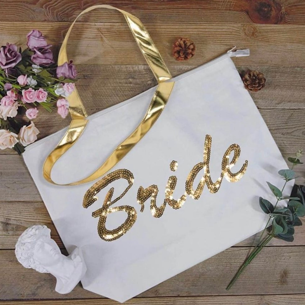 Wedding Gold Sequin Canvas Tote Bag Zipper,Bridal Shower Gifts for Bride Bag with an Internal Pocket