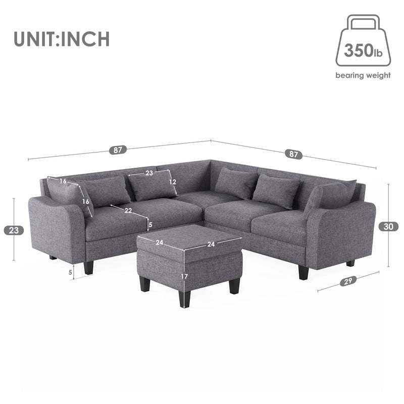 87" Modern Linen L Shape Sectional Sofa with Coffee Table,Sectional Couch with Storage Ottoman