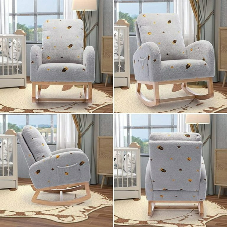 26.8"W Modern Rocking Chair for Nursery, Mid Century Accent Rocker Armchair with Side Pocket, Upholstered High Back Wooden Rocking Chair for Living Room Baby Room Bedroom (Light Grey)