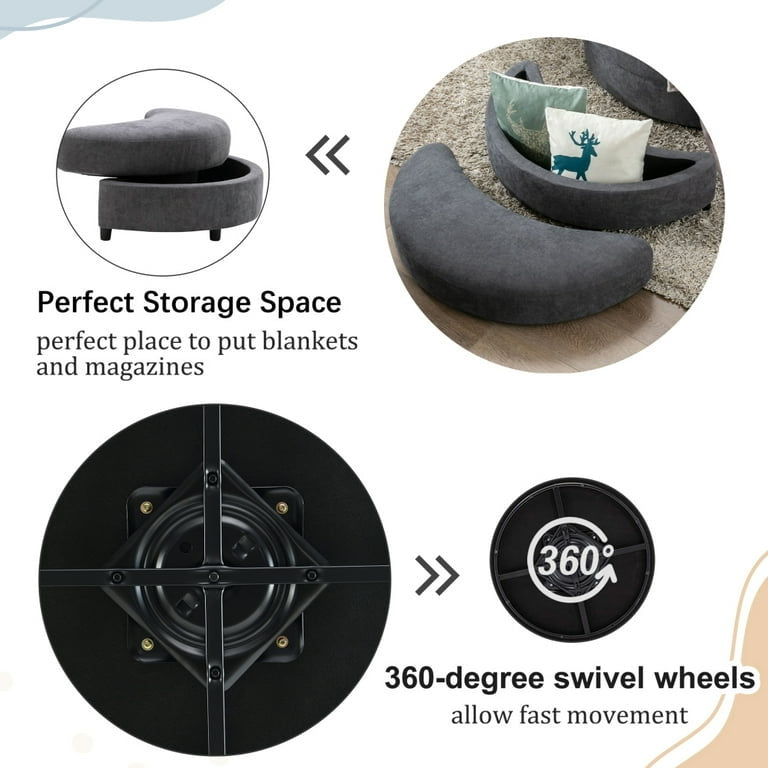 360° Swivel Accent Barrel Chair with Half Moon Shape Storage Ottoman & 4 Pillows,Modern Linen Leisure Chair with Soft Cushions,Round Club Lounge Chair for Living Room Bedroom Hotel,Dark Gray