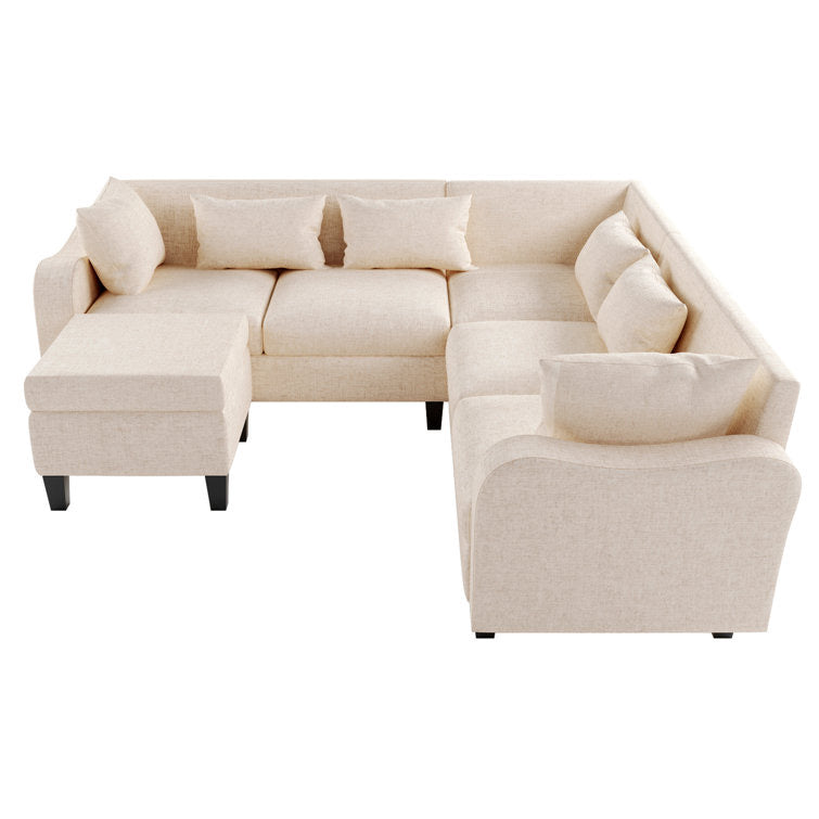 87" Modern Linen L Shape Sectional Sofa with Coffee Table,Sectional Couch with Storage Ottoman