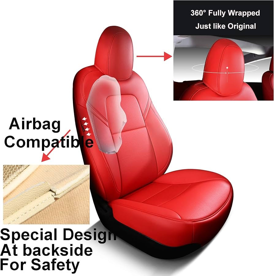 5 Seat Cover Custom Fit for Tesla Model 3 Synthetic Leather Car Seat Cushion Protector for 2017 2018 2019 2020 2021 2022 2023 Customized (Lichi Red Model 3)