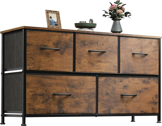 Dresser for Bedroom with 5 Drawers, Wide Chest of Drawers, Fabric Dresser, Storage Organizer Unit with Fabric Bins for Closet, Living Room, Hallway