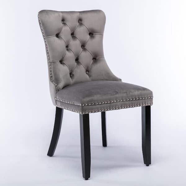 Velvet Fabric Dining Chairs Luxury Tufted Back with Nailed Trim and Back Ring Pull Home Kitchen Dining Room Chairs Armless Accent Side Chairs Solid Rubber Wood Legs.Grey