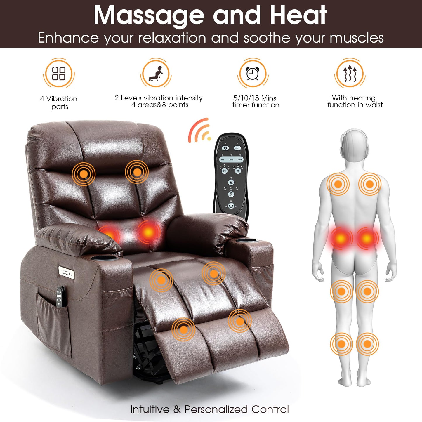 Recliner Chair, Leather 3 Positions Lift Chair with Heat and Massage for Elderly, Power Lift Recliner with Cup Holder, USB Charging Port and Easy-to-use Hand Control (Classic Brown)