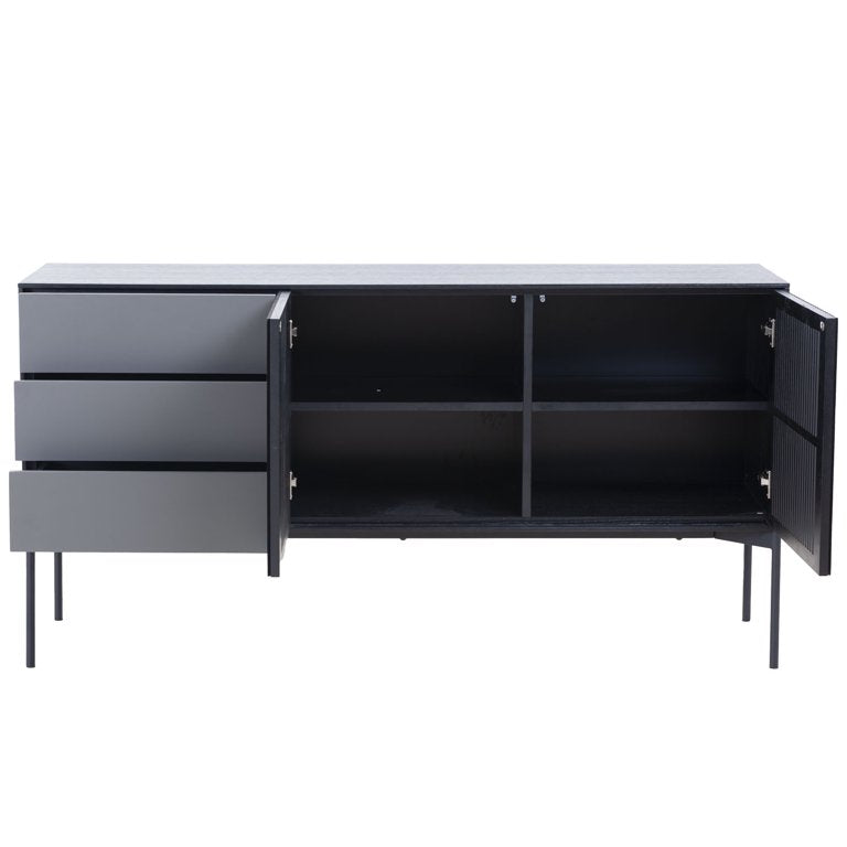 Sideboard Cabinet with 3 Drawers & 2 Doors,Modern Kitchen Buffet Sideboard Storage Console Table with Metal Legs,Buffet Server Cupboard for Living Room Dining Room Entryway,Black