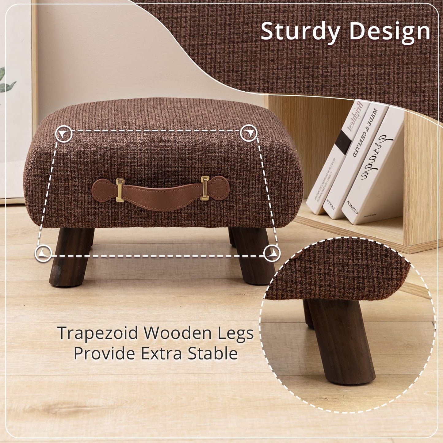 Foot Stool with Handle, Brown Footstool Elegant Small Foot Stool Rest with Wooden Legs, 9''H, Rectangle Fabric Foot Stools for Adults with Waterfall Edge, Ottoman for Living Room, Desk, Bedroom, Couch