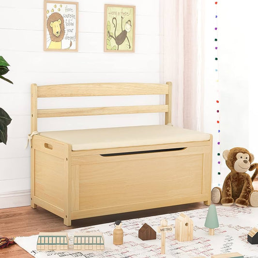 Kids Toy Box Chest, Natural Rubber Wood Toy Box for Boys Girls, Large Storage Cabinet with Cushion Seat Bench/Flip-Top Lid/Safety Hinge, Toy Storage Organizer Trunk for Nursery, Playroom