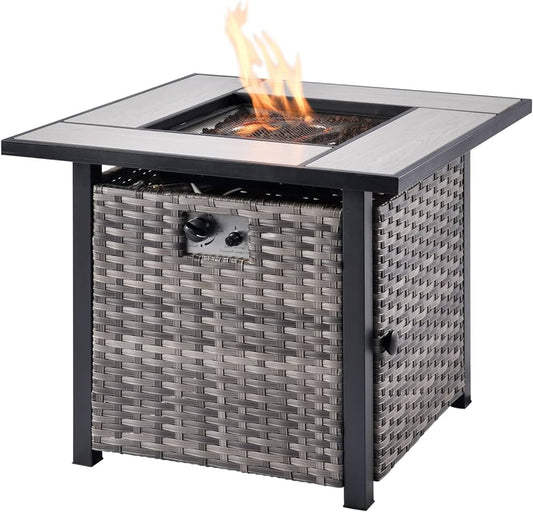 Propane Fire Pit Table 30 Inch 50,000 BTU Outdoor Fire Table All Weather Rattan Wicker Square Fire Pits with Lid and Lava Rock for Outside,30 * 30 * 25 Inches Grey Wicker