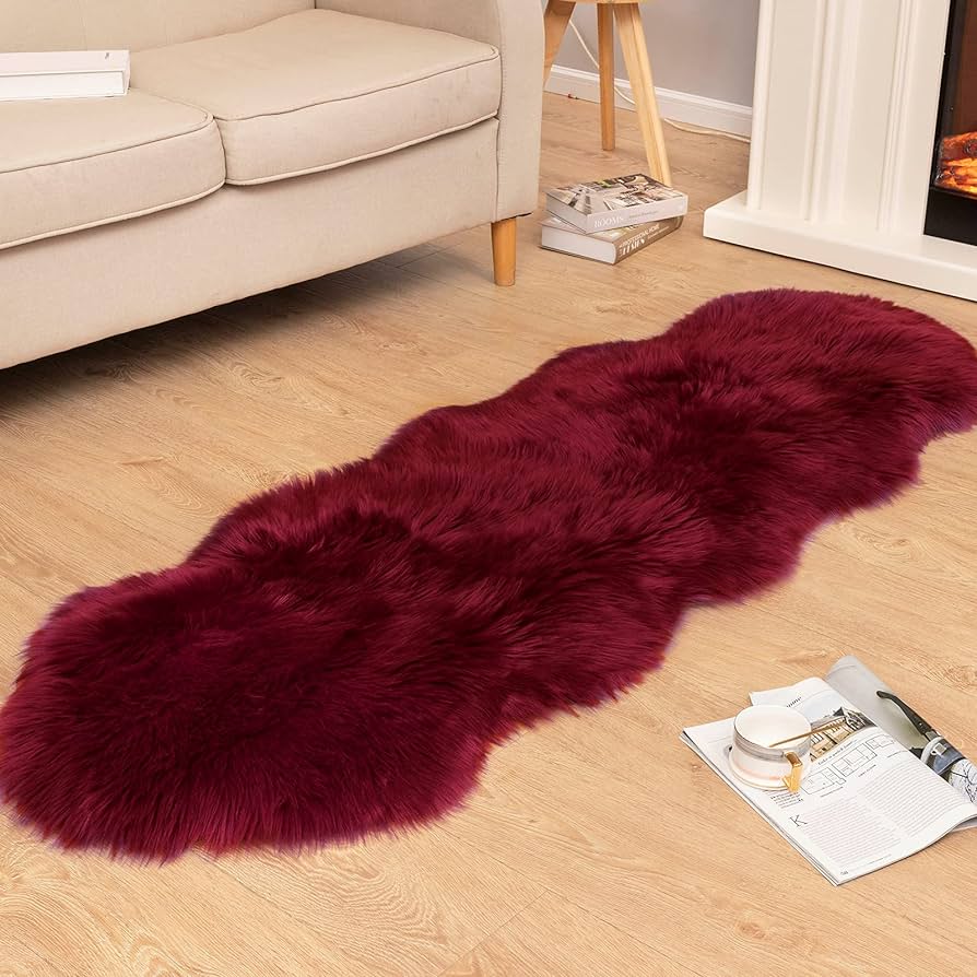 Luxury Soft Faux Sheepskin Fur Chair Couch Cover Area Rug Bedroom Floor Sofa Living Room (2 x 6 ft, Burgundy)