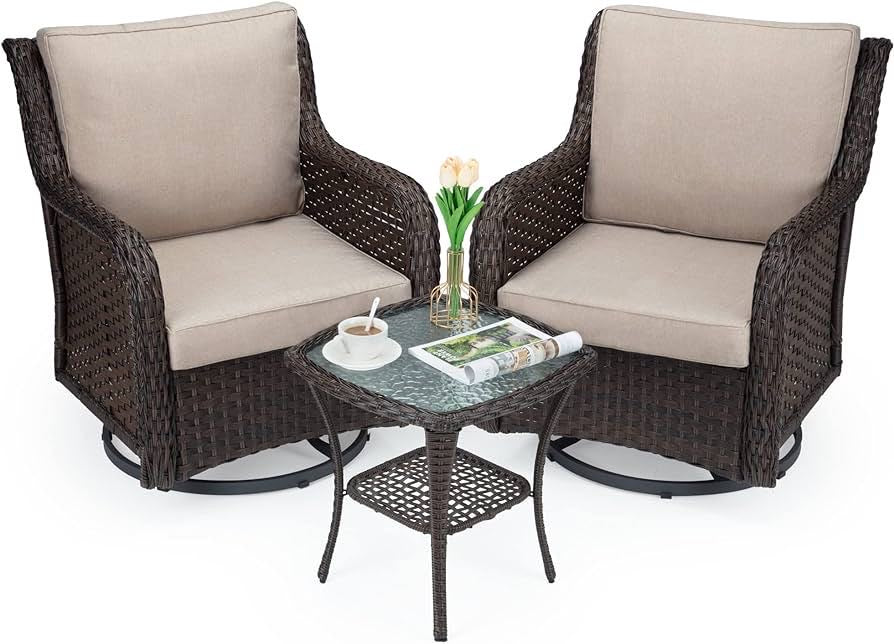 Outdoor 360° Swivel Patio Chairs Set of 2 and Matching Side Tablet, 3-Piece Wicker Patio Bistro