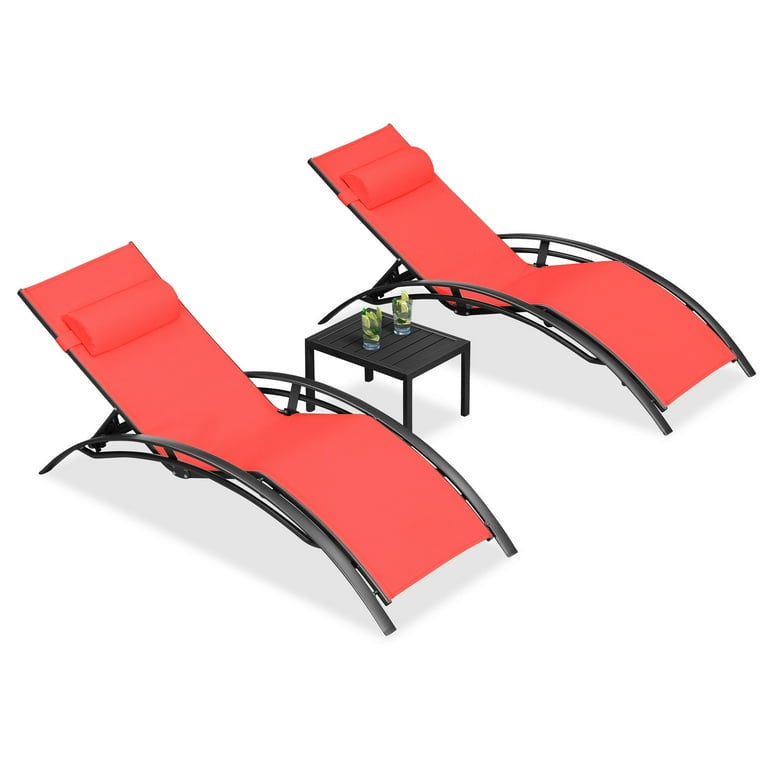 PURPLE LEAF Outdoor Lounge Chair Recliner Set of 3 with Arms and Adjustable Backrest, Side Table Included, Coral Red