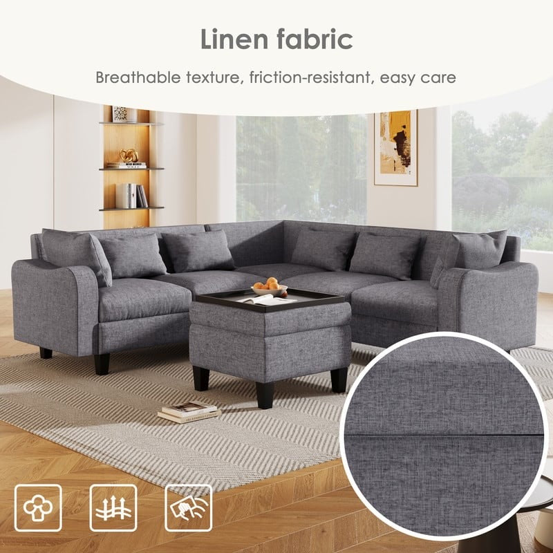 87" Modern Linen L Shape Sectional Sofa with Coffee Table,Sectional Couch with Storage Ottoman