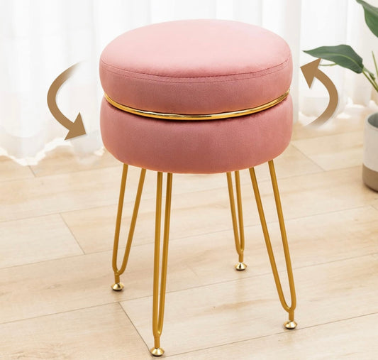 Vanity Stool Chair, 360°Swivel Pink Velvet Makeup Stool, Small Round Makeup Foot Stool Rest Ottoman with Gold Metal Legs, Upholstered Padded Stool for Makeup Vanity, Living Room