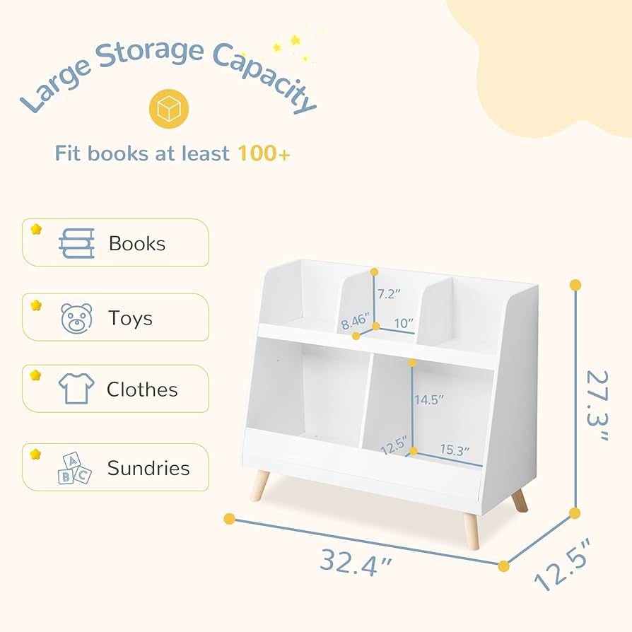 Kids Bookshelf, Baby Book Shelf and Toy Organizer, Wooden Open Bookcase with 5 Cubbies, 2-Tier Baby Storage Display, Christmas and Birthday Gifts for Playing Room, Nursery, White