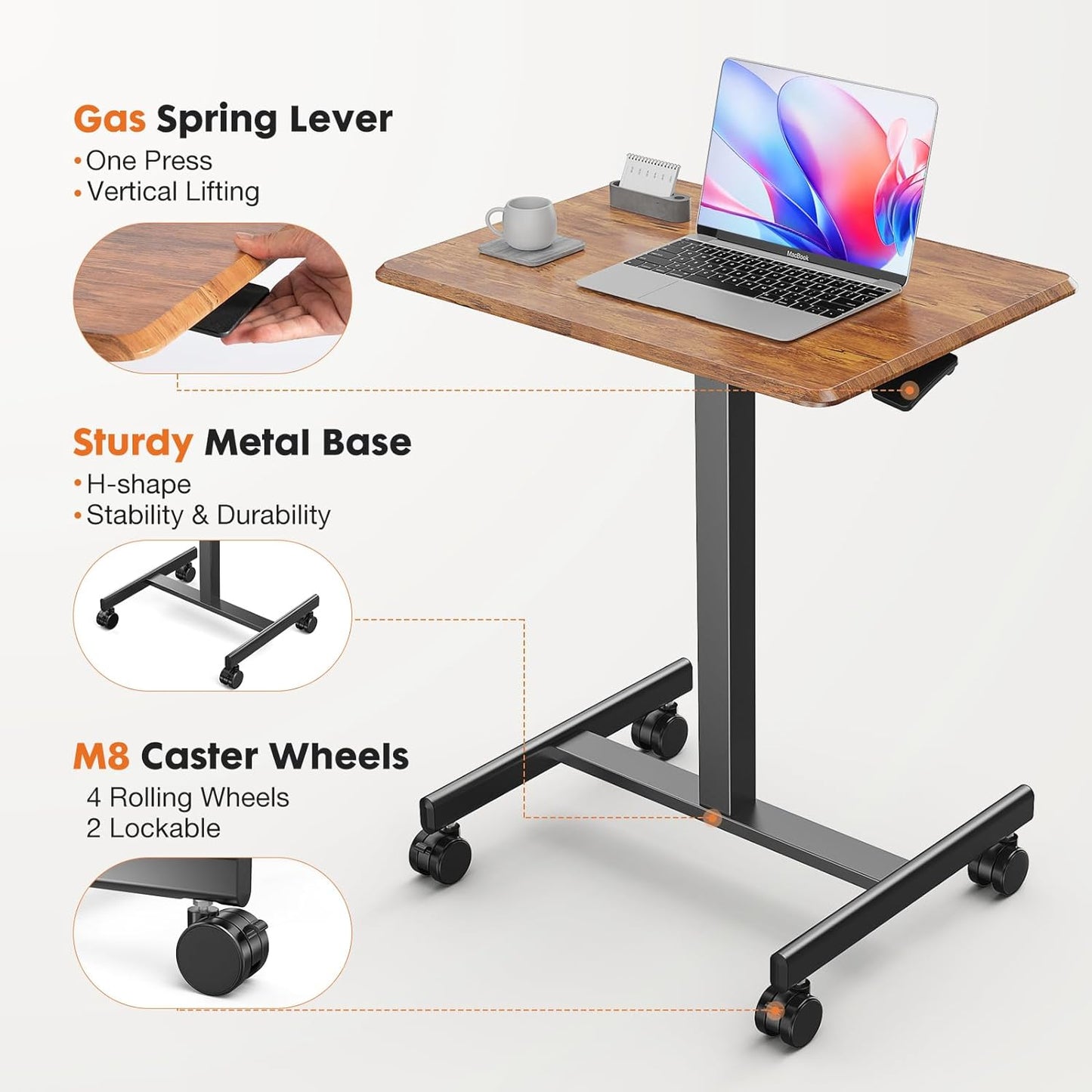 Mobile Small Stading Desk - Sit Stand Desk, Portable Rolling Laptop Desk with Lockable Wheels, Computer Workstations, Adjustable Height