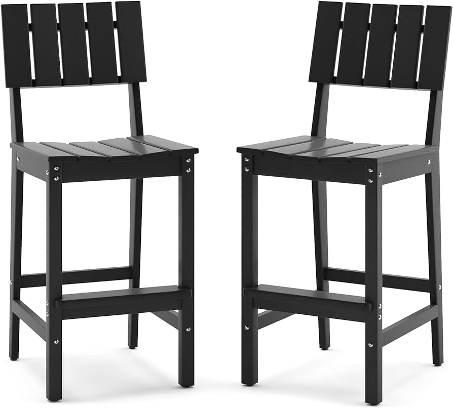 Patio Bar Stools. HDPE Weather Resistant Tall Adirondack Chair, Heavy Duty Bar Height Adirondack Chairs with Footrest, 27.8 inch High Balcony Chair for Deck Pool Backyard, Black
