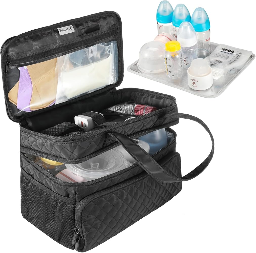 Thickened Breast Pump Bag with Changing Pad and Detachable Dividers | 2-Layer Pumping Bag for Wearable Pump | Breast Pump Tote Bag for Moms (Spectra Pump Inapplicable, Only Bag & Pad, Black)