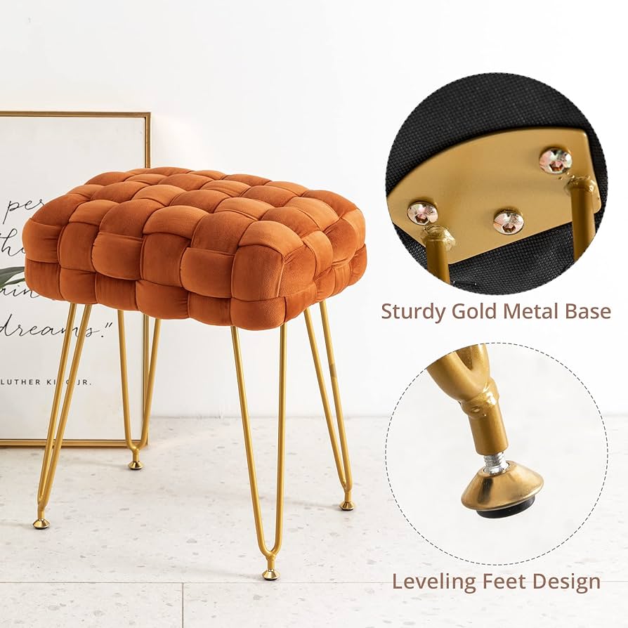 Velvet Vanity Stool, Rectangle Ottoman, Upholstered Make up Foot Stool with Gold Metal Legs and Padded Seat, Modern Footstool for Living Room, Bedroom,Dressing Room, Pumpkin Brown