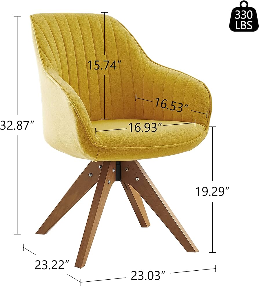 Mid Century Modern Fabric Upholstered Swivel Dining Room Chair with Wood Legs, Leisure Side Chair with Arms for Living Room, Yellow
