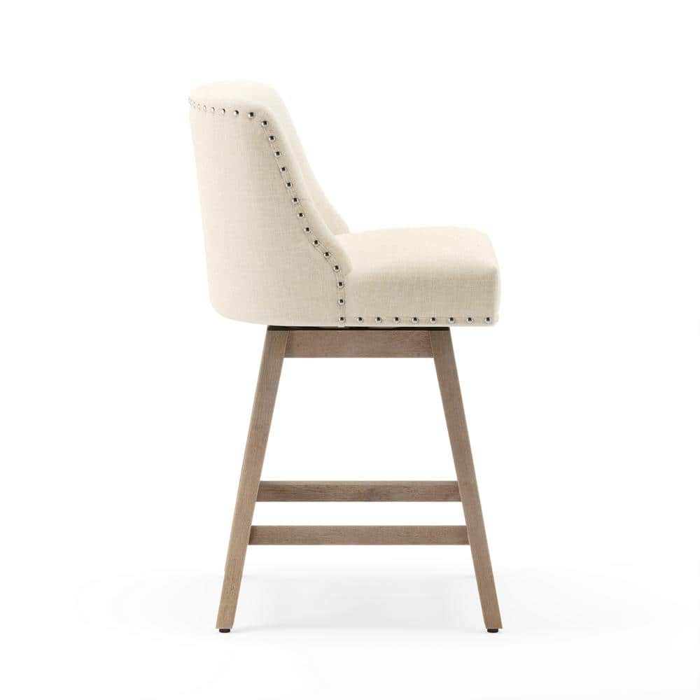 26 in. Wood 360° Free Swivel Upholstered Bar Stool with Back, Performance Fabric in Beige