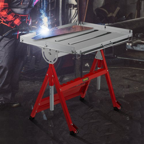 VEVOR Welding Table, 36" x 24", Steel Industrial Workbench w/ 400lbs Load Capacity, Adjustable Angle & Height, Casters, Retractable Guide Rails, Three 1.6" Slots Folding Work Bench