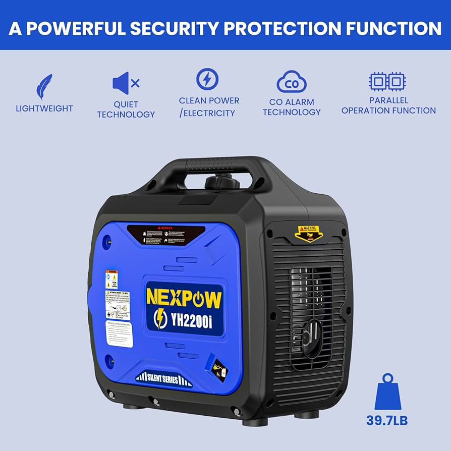 Portable Inverter Generator, 2250W Super Quiet Generator with CO Alarm Ideal,Eco-Mode Feature, Parallel Capability,EPA Compliant,and 5v/3A USB Outlet,Lightweight For Backup Home Us& Camping