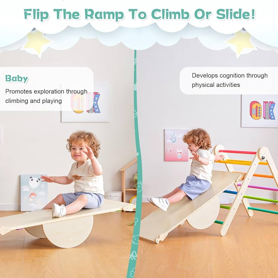 5 in 1 Pikler Triangle Set, Foldable Large Size Baby Climbing Toys Ind5 in 1 Pikler Triangle Set, Foldable Large Size Baby Climbing Toys Indoor Gym for Toddlers Wooden Montessori Climbing Set, Adjustable Height Pikler Triangle, Kids Toys with Ramp Sliding
