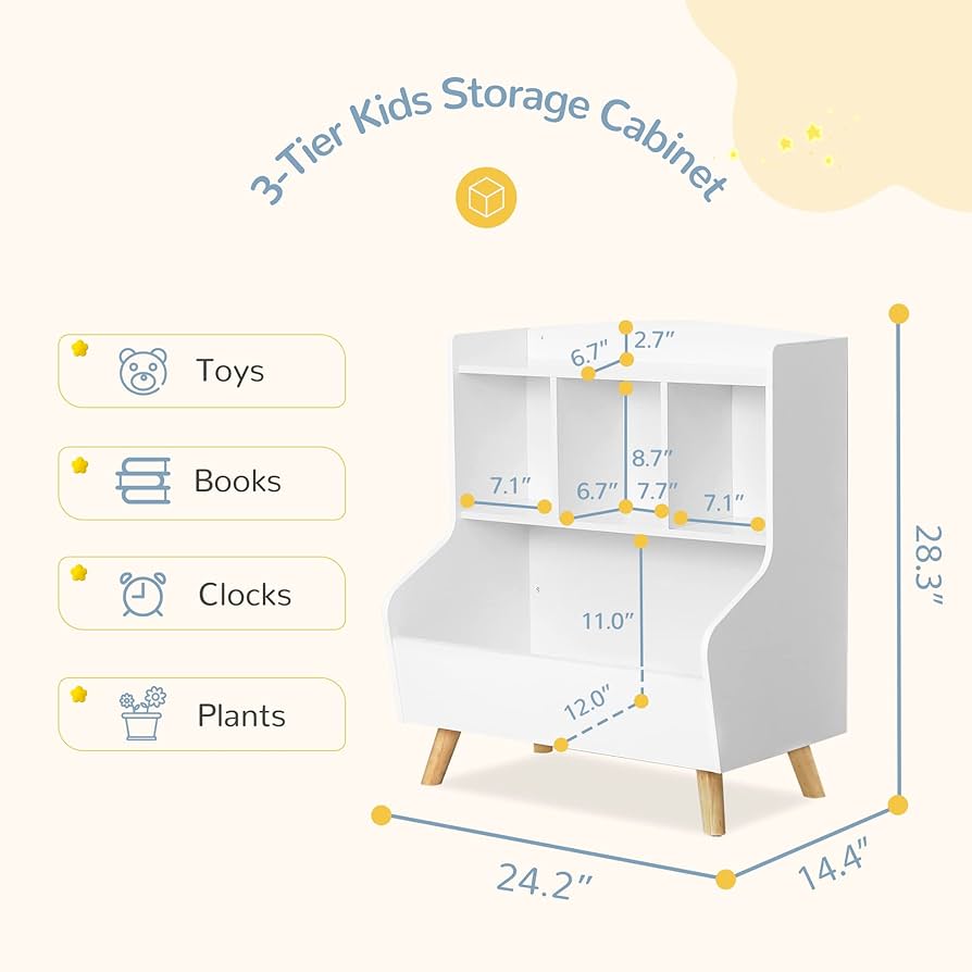 Kids Bookshelf and Toy Storage, 3-Tier Wooden Open Bookcase, Baby Book and Toy Storage Display Organizer with Spacious Top Shelf, for Children, Friends, Family, White