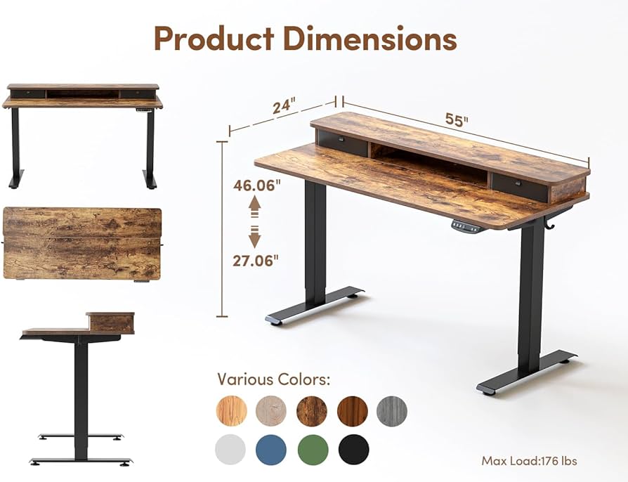 55x24 Inch Electric Standing Desk with Double Drawers, Adjustable Height Stand Up Desk, Sit Stand Home Office Desk with Storage Shelf, Rustic Brown Top