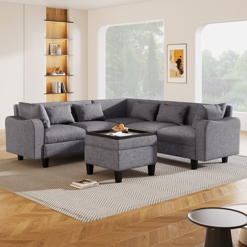 87" Modern Linen L Shape Sectional Sofa with Coffee Table,Sectional Couch with Storage Ottoman