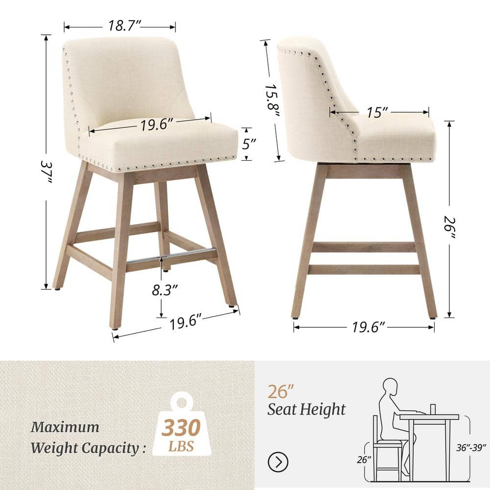 26 in. Wood 360° Free Swivel Upholstered Bar Stool with Back, Performance Fabric in Beige