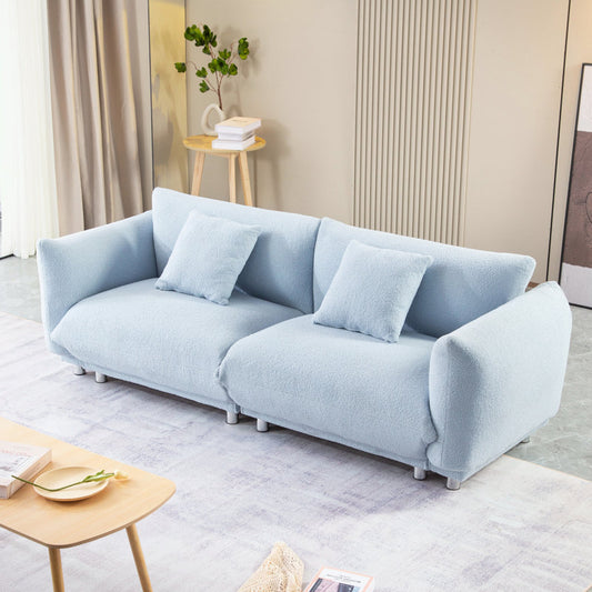 87 inch Modern Sofa, Teddy Comfy Sofa Couch with 2 Pillows, Upholstered Deep Seat Sofa, Oversized Sofa with Metal Legs for Small Space Office Apartments Bedroom Living Room (Blue)