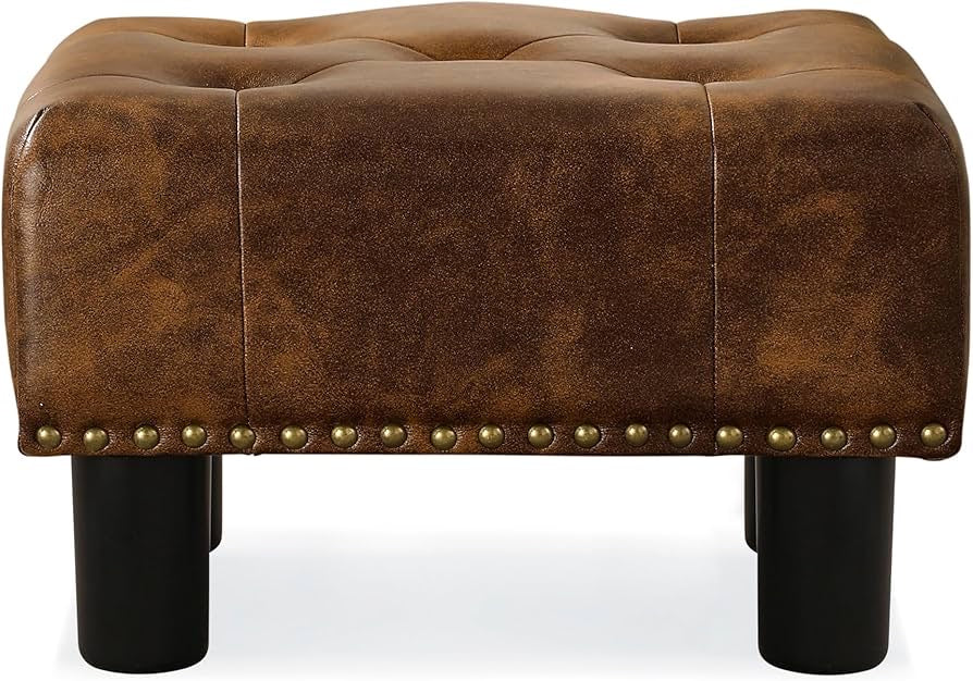 Small Tufted Foot Stool, Yellowish Brown Rivet Faux Leather Footrest with Plastic Legs, 9''H, Rectangle Foot Stools for Adult with Non-Slip Pads, Sofa Footstool for Living Room, Couch